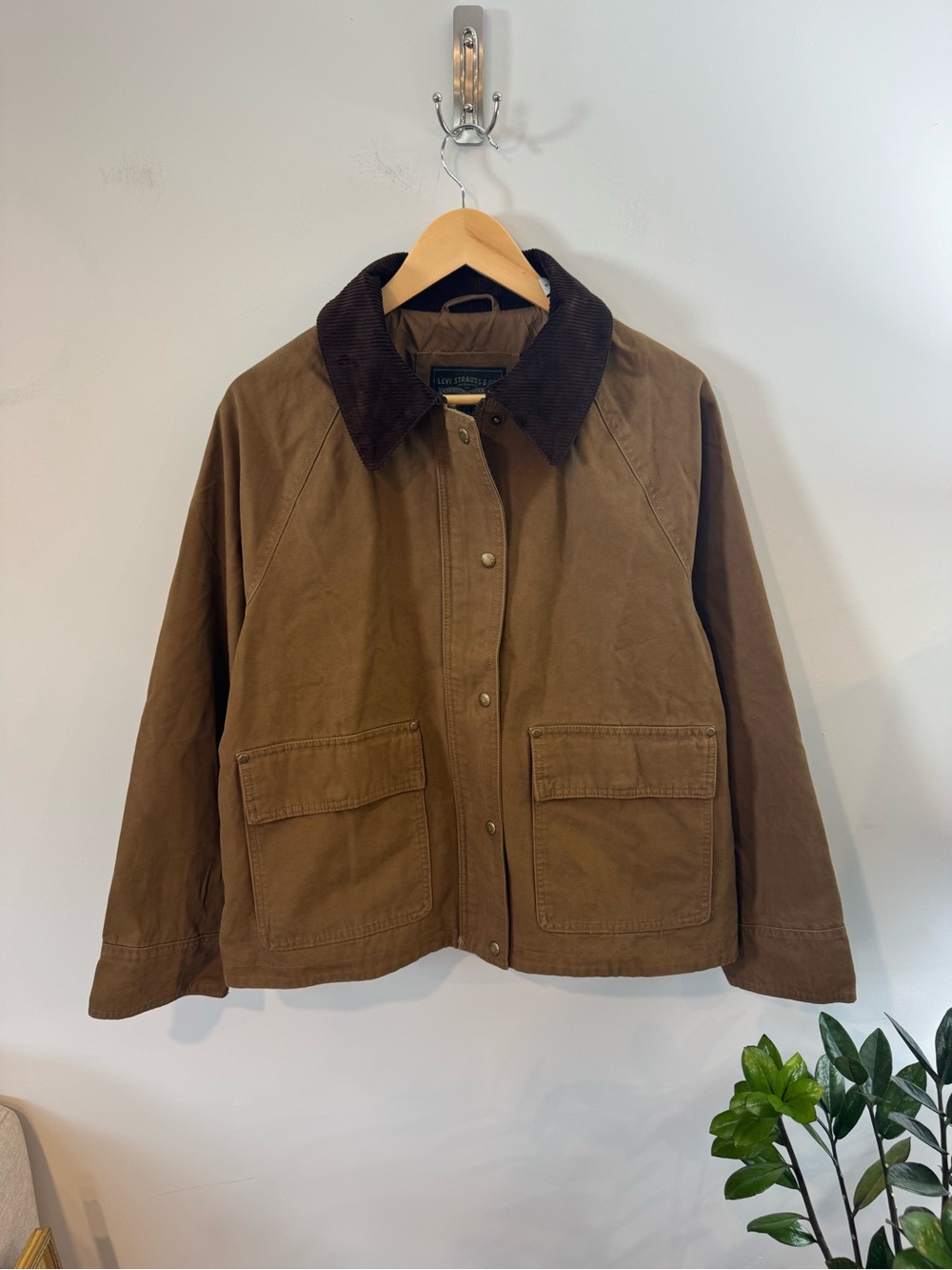 Levi’s Canvas Cotton Shorty Barn Coat, Cord Collar, Tan/Brown, Women’s L, NWT